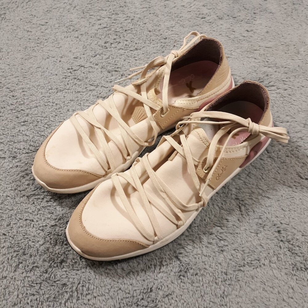 Olukai Mikilua Li Sneaker Shoes Womens 10 Beige Lace Up‎ Comfort Leather Upper